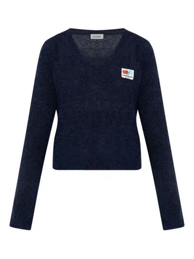 American Vintage Nenybay V-neck Logo-patch Sweater In Blue