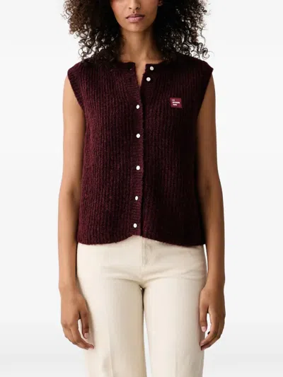 American Vintage Ribbed-knit Logo-patch Cardigan In Red