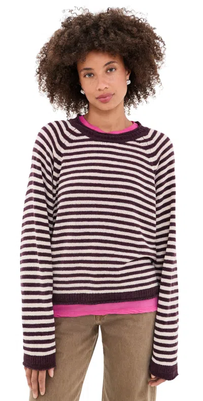 American Vintage Round Neck Long Sleeves Sweater Rayures Aubergine Et Rose Pale