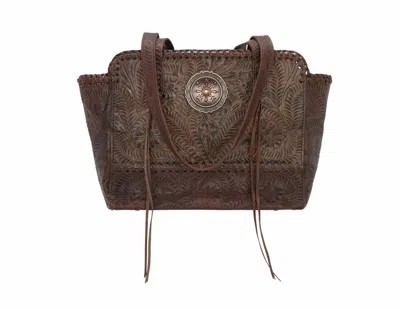 American West Women's Secret Collection Zip Top Tote Bag With Compartment In Distressed Charcoal Brown In Multi