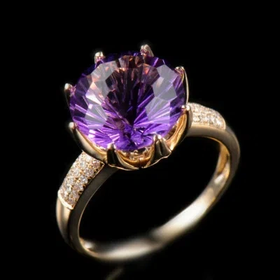 Pre-owned Amethyst Solid 14k Yellow Gold Natural Purple  Fireworks Cutting Diamond Ring