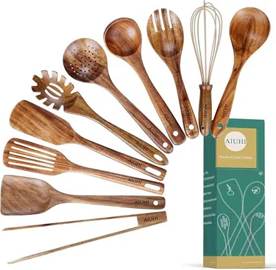 Amexin Joy 10 Pack Wooden Utensils For Cooking, Wood Utensil Set For Kitchen, Teak Wooden Spoon For Cooking, No In Brown