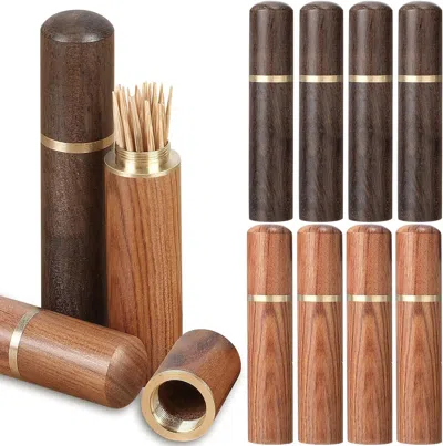 Amexin Joy 10 Pieces Portable Wood Toothpick Holder Pocket Tooth Pick Box Wooden Tooth Pick Carrying Case Trave In Brown