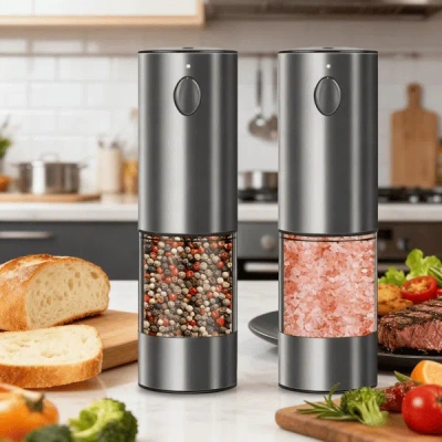Amexin Joy 2pcs Electric Salt And Pepper Grinder Set - Battery-powered Spice Grinder, Adjustable For Coarseness In Gray