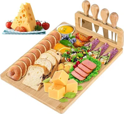 Amexin Joy Bamboo Cheese Board And Knife Set - 14' X 11' Large Charcuterie Boards Set, Cheese Tray Platter Serv In Brown