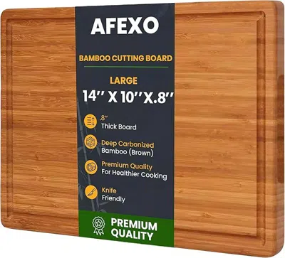 Amexin Joy Bamboo Cutting Board For Kitchen. Thick - Wooden Cutting Board With Deep Juice Groove And Side Handl In Brown
