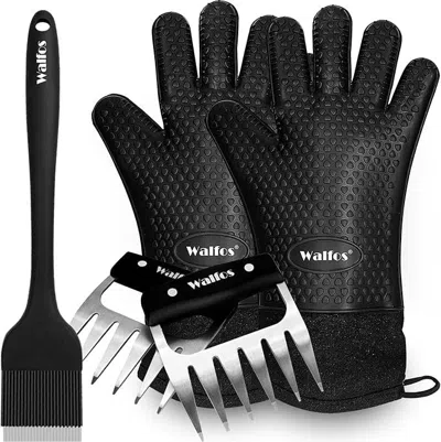 Amexin Joy Bbq Gloves - 500°f Heat Resistant Grilling Gloves Set With Meat Shredding Claws & Silicone Brush, No In Black