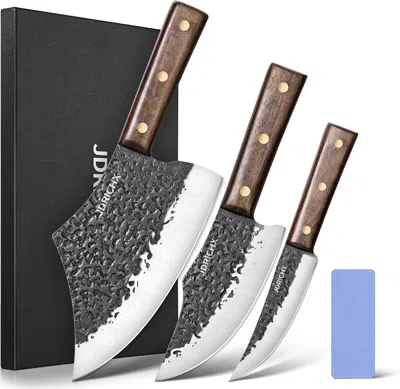 Amexin Joy Butcher Knife Set 3pcs - Meat Cleaver, Boning Knife, Viking Knife-hand Forged Full Tang Razor Sharp  In Brown