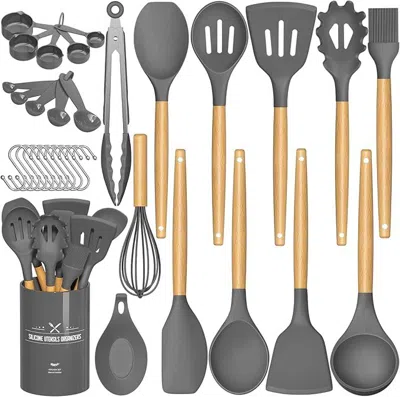 Amexin Joy Chef Kitchen Cooking Utensils Set, 33 Pcs Non-stick Silicone Utensils Spatula Set With Holder, Woode In Gray