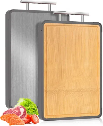 Amexin Joy Cutting Boards For Kitchen - Food Grade Double Sided Pure Titanium& Bamboo Chopping Board With Handl In Gray