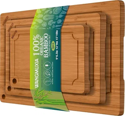 Amexin Joy Durable Bamboo Cutting Boards For Kitchen - 3-piece Set With Deep Juice Grooves, Carbonized Surface  In Brown