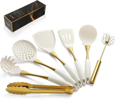 Amexin Joy Elegant White Gold Silicone Cooking Utensils Set - Non-toxic, Dishwasher Safe Kitchen Utensils Set W