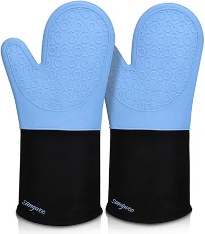 Amexin Joy Extra Long Silicone Oven Mitts, Heat Resistant Oven Gloves With Quilted Liner Non-slip Textured Grip In Blue