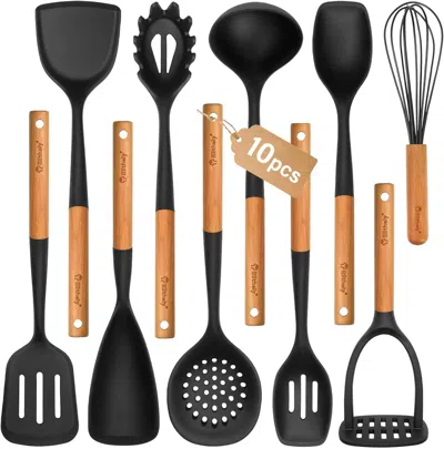 Amexin Joy Large Silicone Cooking Utensils Set, 10pcs Nonstick Kitchen Utensil Set With Wooden Handle, Heat Res In Black