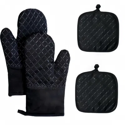 Amexin Joy Oven Mitts And Pan Racks 4-piece Set, Extended Kitchen Oven Mitts And Pan Racks, Heat Resistant 500  In Black