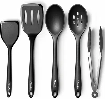 Amexin Joy Silicone Cooking Utensils Set, Heat Resistant And Large Non Stick Spatulas & Spoons- 5pack For Kitch In Black