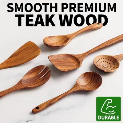 Amexin Joy Six-piece Wooden Cooking Spoon Set - Heat-resistant, Smooth Teak Wood For A Comfortable Grip - Light In Brown