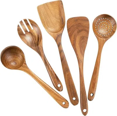 Amexin Joy Wood Utensils Set For Cooking, Teak Wooden Utensils Set Wood Spatula For Nonstick Cookware Kitchen U In Brown