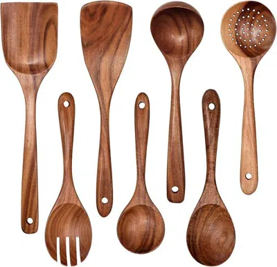 Amexin Joy Wooden Non-stick Kitchen Pan Toolset 7 Pieces Set, In Brown