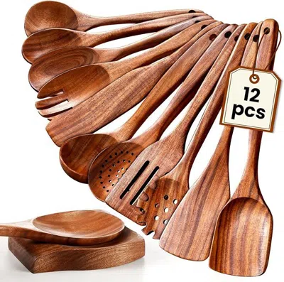 Amexin Joy Wooden Spoons For Cooking, 12 Pcs Nonstick Wooden Cooking Utensils Set With Comfort Grip - 100% Natu In Brown