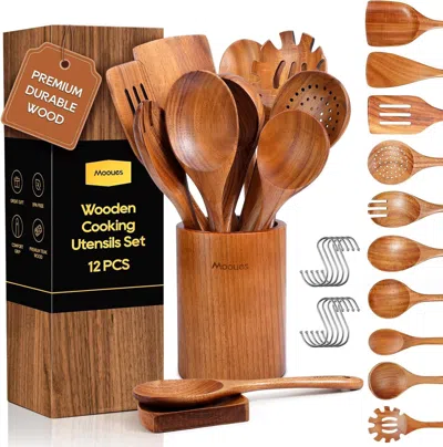 Amexin Joy Wooden Spoons For Cooking, 12pcs Teak Wooden Kitchen Utensil Set With Spoon Rest - Smooth Finish, No In Brown