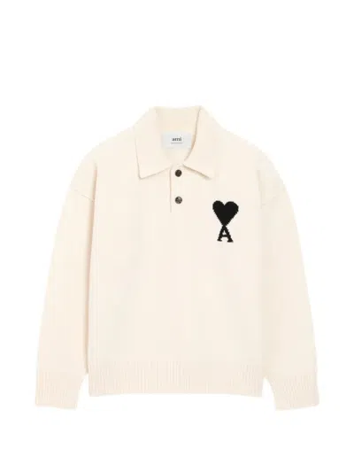 Ami Alexandre Mattiussi Ami Paris Polo Sweater With Contrasted Mini Heart Logo In Neutral