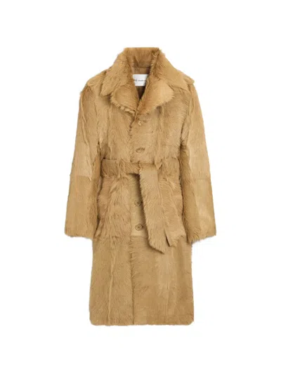 Ami Alexandre Mattiussi Long Beige Goat Leather Belted Coat Beige In Brown