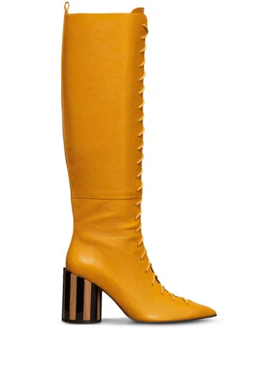 Ami Alexandre Mattiussi Pointed Toe Lace-up Knee High Boots Yellow In Mustard