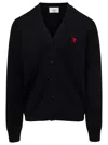Ami Alexandre Mattiussi Heather Black Wool Cardigan With V-neck And Signature Logo In Black