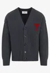 Ami Alexandre Mattiussi Heather Grey Wool Cardigan With Embroidered Logo In Gray