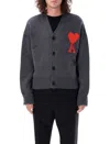 Ami Alexandre Mattiussi Heather Grey Wool Cardigan With Embroidered Logo In Gray