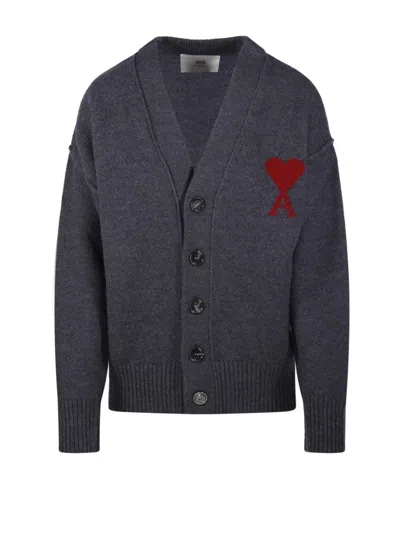 Ami Alexandre Mattiussi Adc Cardigan V Neck Felted Merino In Gray