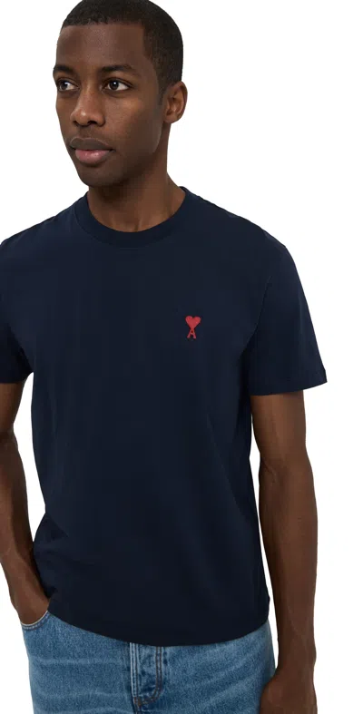 Ami Alexandre Mattiussi Adc Classic Fit Red Logo Tee Night Blue