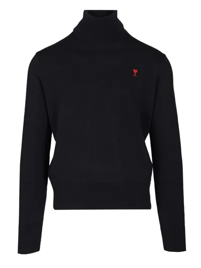 Ami Alexandre Mattiussi Heart-embroidered Turtleneck Sweater In Blue