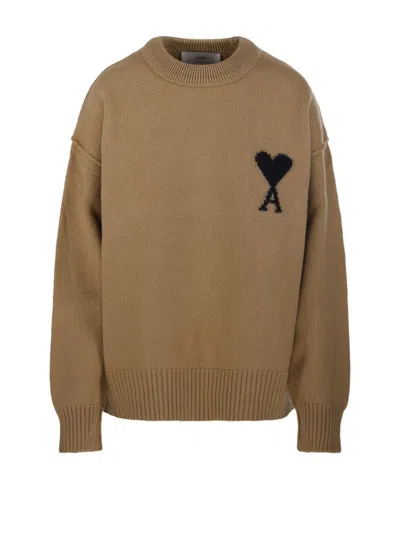 Ami Alexandre Mattiussi Adc Round Neck Sweater Felted Merino In Brown