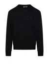 Ami Alexandre Mattiussi Merino Wool Round Neck Sweater With Heart Detail In Black