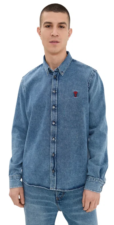 Ami Alexandre Mattiussi Logo-embroidered Button-down Collar Denim Shirt In Blue