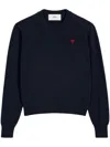 Ami Alexandre Mattiussi Crewneck Heart-embroidered Wool Sweater In Blue
