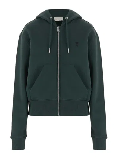 Ami Alexandre Mattiussi Ami Paris Hooded Zip-up Cotton Sweatshirt With Embroidered Logo In Green