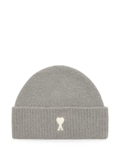 Ami Alexandre Mattiussi Alpaca Beanie With Ami De Coeur In Gray