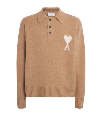 Ami Alexandre Mattiussi Alpaca-blend Ami De Coeur Polo Sweater In Brown