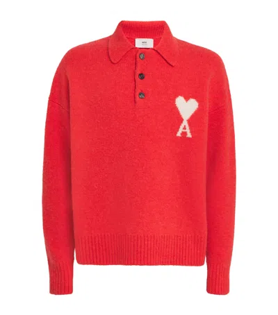 Ami Alexandre Mattiussi Alpaca-blend Ami De Coeur Polo Sweater In Red