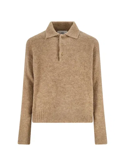 Ami Alexandre Mattiussi Ami Paris Grey Wool And Alpaca Polo Sweater Ami Paris In Brown