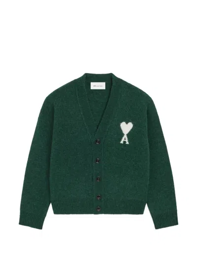 Ami Alexandre Mattiussi Alpaca Cardigan With Ami De Coeur In Green