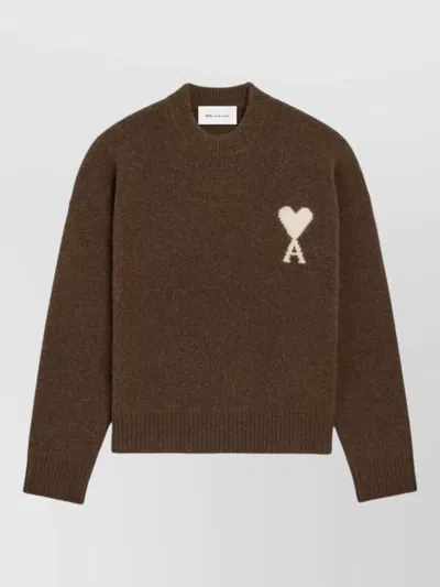 Ami Alexandre Mattiussi Alpaca Wool Crewneck Long-sleeve Ribbed Sweater In Brown