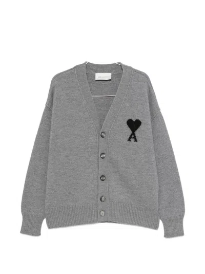 Ami Alexandre Mattiussi Womens V-neck Wool Knit Cardigan Gris Cendre Chine Noir Xs In Gray