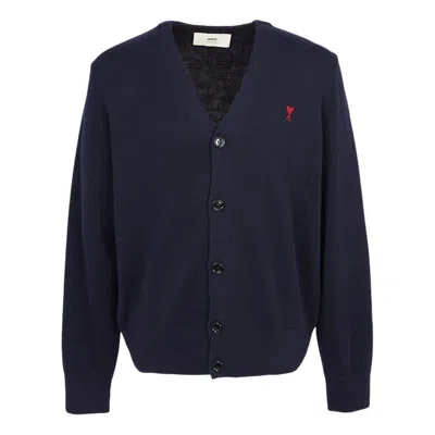 Ami Alexandre Mattiussi Ami Paris Men Blue Cardigan With V Neck And Adc Embroidery On The Front In Wool Blend Man