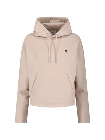 Ami Alexandre Mattiussi Ami Beige Cotton Hoodie With Drawstring And Logo Embroidery In Neutral