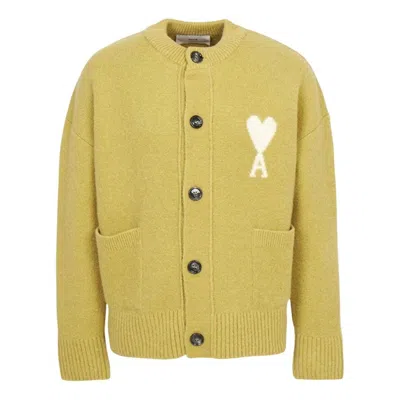 Ami Alexandre Mattiussi Ami Big Heart Logo Alpaca Cardigan 'lime Green Off-white' In Yellow