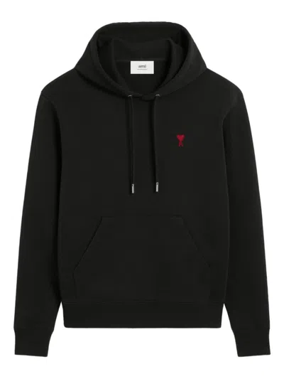 Ami Alexandre Mattiussi Ami Black Cotton Hoodie With Embroidered Logo And Functional Pockets